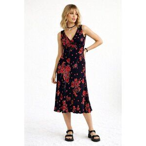 ANGIE midi dress red floral SMALL vintage 90s Y2K empire waist surplice neck